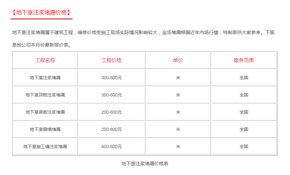 地下室注漿堵漏價格