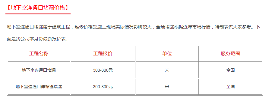 地下室連通口堵漏價(jià)格表